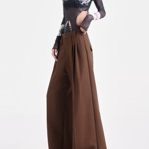 Khaki Pleated Design Suit Pants for Women - Draped Floor-Length Casual Style for Early Autumn Fashion