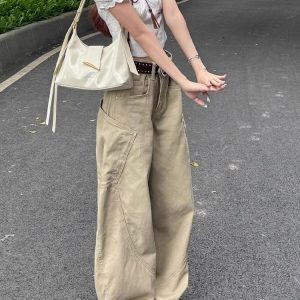 Khaki Wide-Leg Denim Pants for Women - Large Pocket, Curved Blade Design, American Style, Summer Workwear