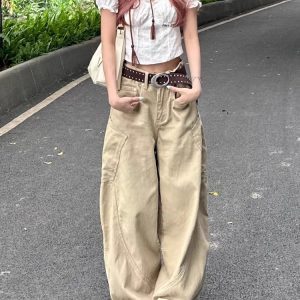 Khaki Wide-Leg Denim Pants for Women - Large Pocket, Curved Blade Design, American Style, Summer Workwear