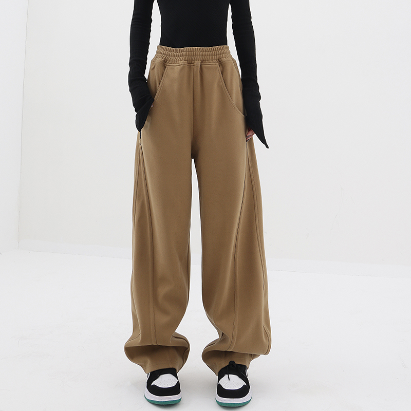 Khaki Woolen Wide-Leg Sweatpants for Women, Thickened Autumn Winter Banana Style Casual Sports Pants