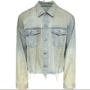 Knife-Cut Distressed Mud-Dyed Denim Jacket, Washed Aged Short Wide Fit - Vintage 90s Style Outerwear