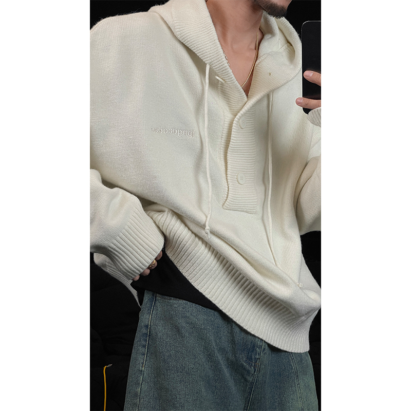 Knitted Hooded Sweater for Couples - American Minimalist Embroidered Design, Loose Fit, Cozy Autumn & Winter Fashion