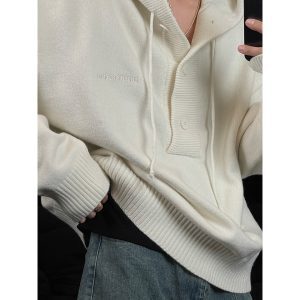 Knitted Hooded Sweater for Couples - American Minimalist Embroidered Design, Loose Fit, Cozy Autumn & Winter Fashion