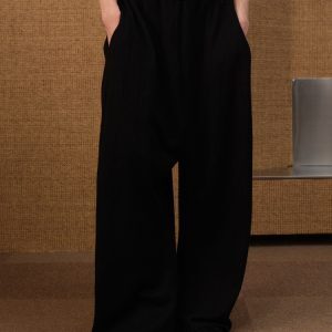 Knitted Low-Crotch Herringbone Texture Black Casual Pants - Long Straight Loose Fit for Effortless Style
