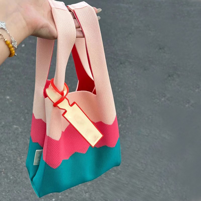 Knitted Rainbow Tote Bag - Three-Color Large Capacity Fashion Bag for Spring/Summer 2023 - Trendy and Stylish Accessory