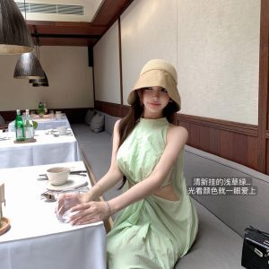 Knot Cut Side Hollow Airy Quality Linen Dress in Summer Melon Ice - Long Skirt, Perfect for 90s and Y2K Inspired Summer Fashion