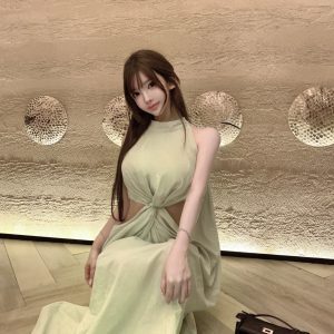 Knot Cut Side Hollow Airy Quality Linen Dress in Summer Melon Ice - Long Skirt, Perfect for 90s and Y2K Inspired Summer Fashion