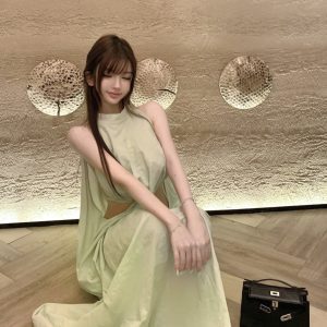 Knot Cut Side Hollow Airy Quality Linen Dress in Summer Melon Ice - Long Skirt, Perfect for 90s and Y2K Inspired Summer Fashion