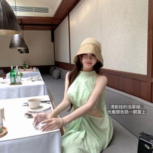 Knot Cut Side Hollow Airy Quality Linen Dress in Summer Melon Ice - Long Skirt, Perfect for 90s and Y2K Inspired Summer Fashion