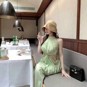 Knot Cut Side Hollow Airy Quality Linen Dress in Summer Melon Ice - Long Skirt, Perfect for 90s and Y2K Inspired Summer Fashion