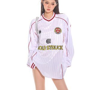 Korean Designer Striped Color-Blocking Retro Jersey Long Sleeve T-Shirt for Women - Autumn Sports Top