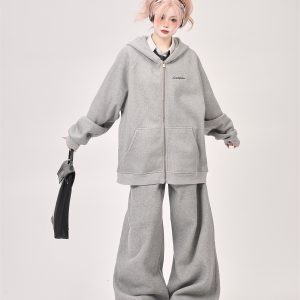 Korean Drama Style Milk Gray Fleece Sports Suit for Women - Hooded Sweatshirt & Wide-Leg Casual Pants
