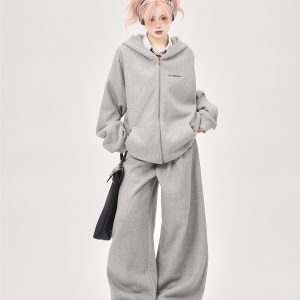Korean Drama Style Milk Gray Fleece Sports Suit for Women - Hooded Sweatshirt & Wide-Leg Casual Pants