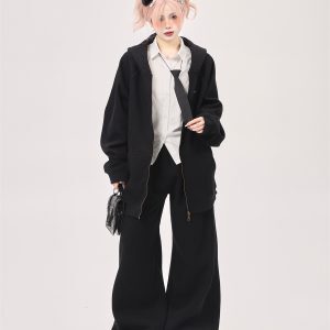 Korean Drama Style Milk Gray Fleece Sports Suit for Women - Hooded Sweatshirt & Wide-Leg Casual Pants