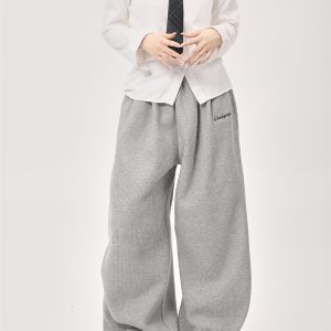 Korean Drama Style Milk Gray Fleece Sports Suit for Women - Hooded Sweatshirt & Wide-Leg Casual Pants