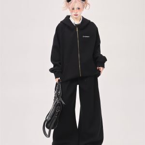 Korean Drama Style Milk Gray Fleece Sports Suit for Women - Hooded Sweatshirt & Wide-Leg Casual Pants