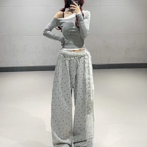 Korean Light Gray Floral Sports Pants for Women - Autumn Winter Loose Straight Casual Sweatpants for Jazz Dance