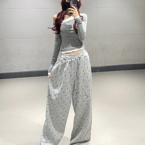 Korean Light Gray Floral Sports Pants for Women - Autumn Winter Loose Straight Casual Sweatpants for Jazz Dance