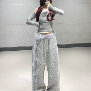 Korean Light Gray Floral Sports Pants for Women - Autumn Winter Loose Straight Casual Sweatpants for Jazz Dance