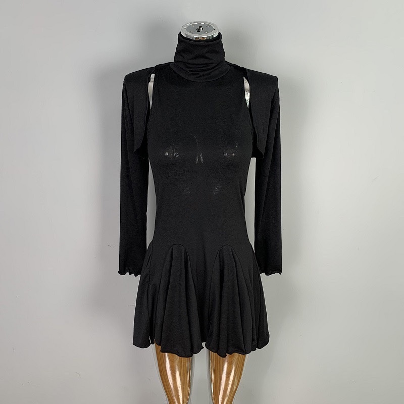 Korean Off-Shoulder High-Neck Pleated Dress with Long Sleeve Cardigan Fashion Set - Trendy Y2K Style for Effortless Chic Looks