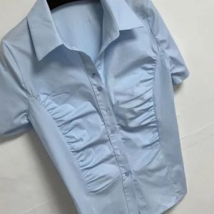 Korean Style 2024 Summer Short-Sleeve Collar Shirt, Sexy Chest-Showing Design, Feminine Waist-Cinching Blouse for a Flattering Look