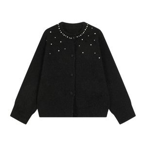 Korean Style Beaded Round Neck Knitted Long Sleeve Sweater Coat for Women - Loose Lazy Cardigan Top for Autumn and Winter