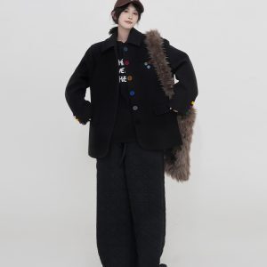 Korean Style Black Polo Collar Thick Woolen Coat for Women, Padded Short Warm Top, Autumn Winter Fashion