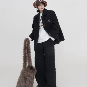Korean Style Black Polo Collar Thick Woolen Coat for Women, Padded Short Warm Top, Autumn Winter Fashion