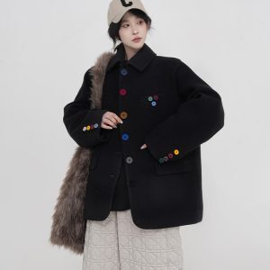 Korean Style Black Polo Collar Thick Woolen Coat for Women, Padded Short Warm Top, Autumn Winter Fashion