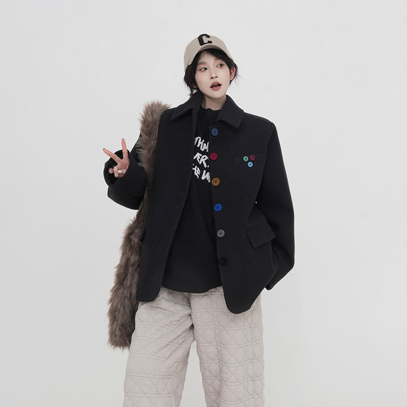 Korean Style Black Polo Collar Thick Woolen Coat for Women, Padded Short Warm Top, Autumn Winter Fashion
