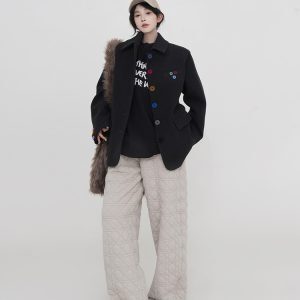 Korean Style Black Polo Collar Thick Woolen Coat for Women, Padded Short Warm Top, Autumn Winter Fashion