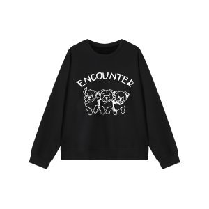 Korean Style Black Printed Fleece Sweatshirt for Men and Women, Versatile Loose Round Neck Pullover, Long Sleeve Autumn Winter Top