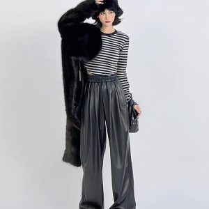 Korean Style Black PU Leather Drawstring Wide-Leg Pants for Women - Casual Floor-Length Draping Trousers for Autumn & Winter