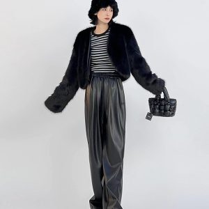 Korean Style Black PU Leather Drawstring Wide-Leg Pants for Women - Casual Floor-Length Draping Trousers for Autumn & Winter