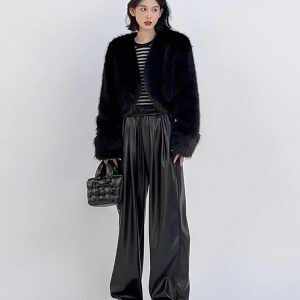 Korean Style Black PU Leather Drawstring Wide-Leg Pants for Women - Casual Floor-Length Draping Trousers for Autumn & Winter