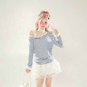 Korean-Style Blue Striped Off-Shoulder Long Sleeve T-Shirt for Women - Slim Fit Spring Top, Flattering Diagonal Design for Petite Sizes