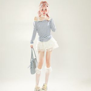 Korean-Style Blue Striped Off-Shoulder Long Sleeve T-Shirt for Women - Slim Fit Spring Top, Flattering Diagonal Design for Petite Sizes