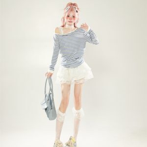 Korean-Style Blue Striped Off-Shoulder Long Sleeve T-Shirt for Women - Slim Fit Spring Top, Flattering Diagonal Design for Petite Sizes