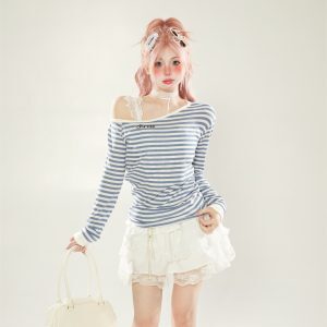 Korean-Style Blue Striped Off-Shoulder Long Sleeve T-Shirt for Women - Slim Fit Spring Top, Flattering Diagonal Design for Petite Sizes
