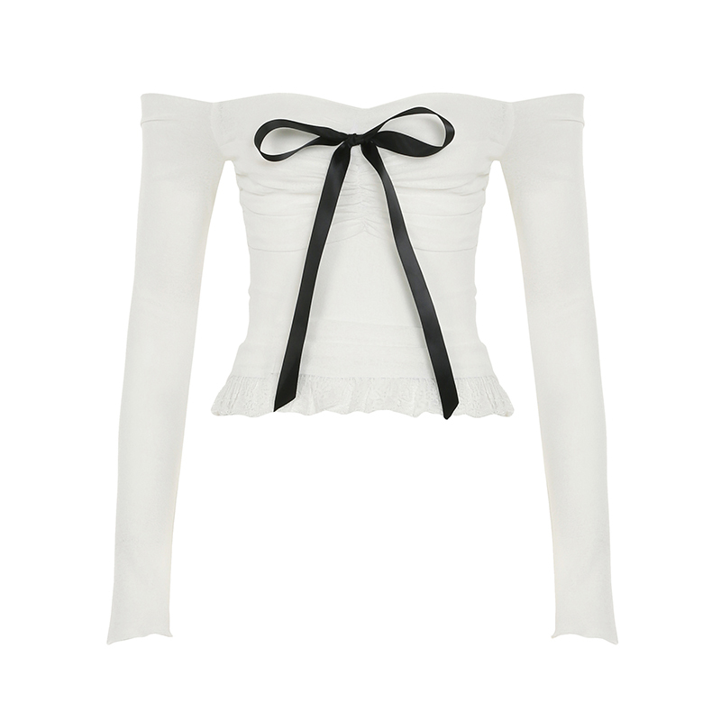 Korean-Style Bow Tie Off-Shoulder Sheer Layered T-Shirt for Women - Trendy Short Top for a Flirty, Fashionable Look