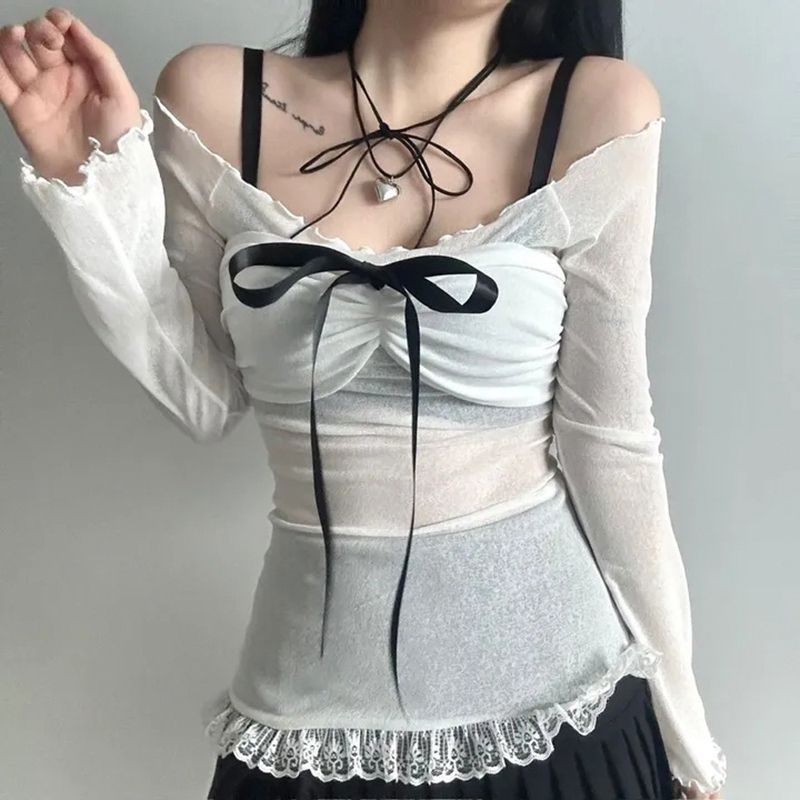 Korean-Style Bow Tie Off-Shoulder Sheer Layered T-Shirt for Women - Trendy Short Top for a Flirty, Fashionable Look