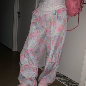 Korean Style Camouflage Floral Drawstring Work Pants for Men & Women - Loose Casual Wide-Leg Long Trousers