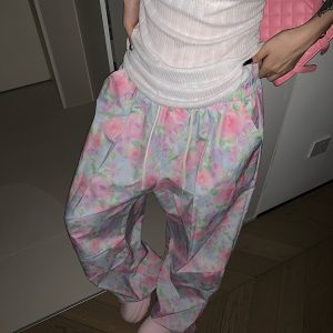 Korean Style Camouflage Floral Drawstring Work Pants for Men & Women - Loose Casual Wide-Leg Long Trousers