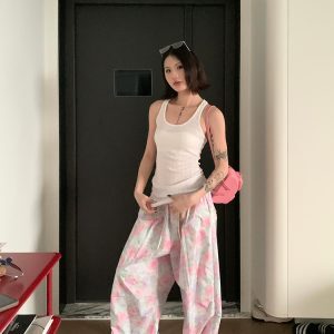 Korean Style Camouflage Floral Drawstring Work Pants for Men & Women - Loose Casual Wide-Leg Long Trousers