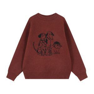 Korean Style Cartoon Print Round Neck Long Sleeve Knitted Sweater for Women - Autumn Winter Loose Pullover Top