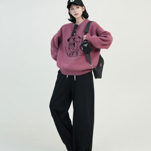 Korean Style Cartoon Print Round Neck Long Sleeve Knitted Sweater for Women - Autumn Winter Loose Pullover Top