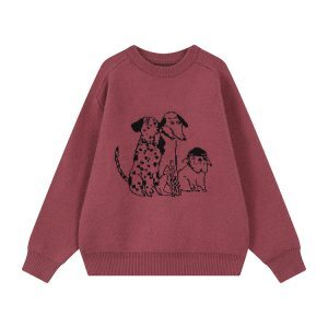 Korean Style Cartoon Print Round Neck Long Sleeve Knitted Sweater for Women - Autumn Winter Loose Pullover Top