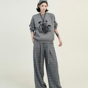 Korean Style Cartoon Print Round Neck Long Sleeve Knitted Sweater for Women - Autumn Winter Loose Pullover Top
