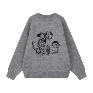 Korean Style Cartoon Print Round Neck Long Sleeve Knitted Sweater for Women - Autumn Winter Loose Pullover Top