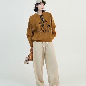 Korean Style Cartoon Print Round Neck Long Sleeve Knitted Sweater for Women - Autumn Winter Loose Pullover Top